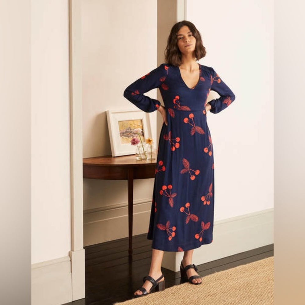 Boden Tanya Midi Dress - French Navy Cherry Bunch NWT